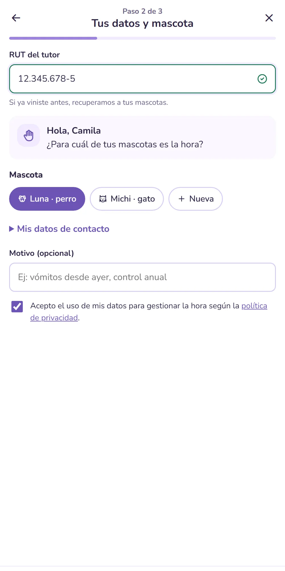 Reserva en celular: al ingresar el RUT aparecen las mascotas del tutor para elegir