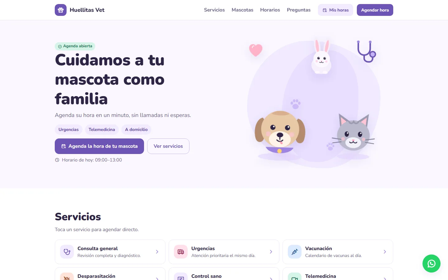 Demo de agenda de horas para una clínica veterinaria: portada con ilustraciones de mascotas y botón para agendar