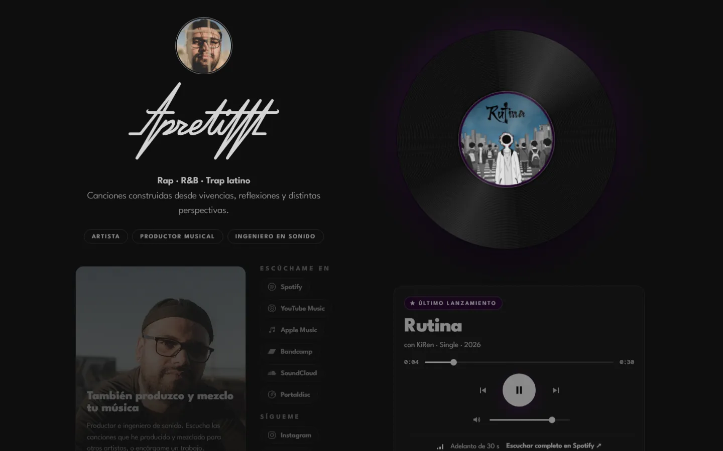 Página de Apretittt en computador: vinilo con el último lanzamiento, reproductor y enlaces