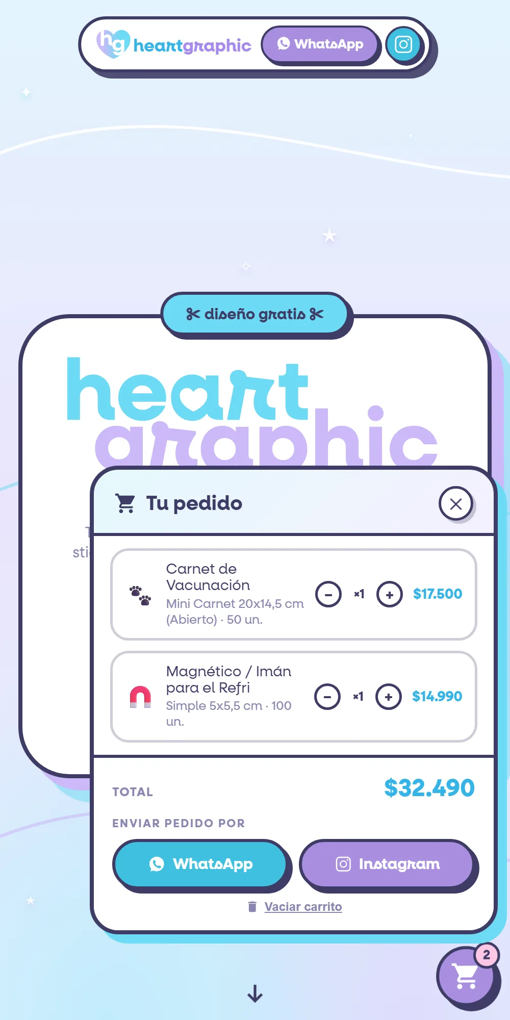 Carrito de Heart Graphic en celular: dos productos, total y botones para enviar el pedido por WhatsApp o Instagram